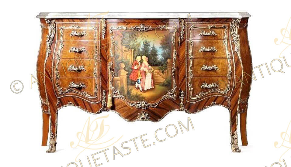 A Ritzy and high quality French Louis XV and Vernis Martin style ormolu mounted hand painted and veneer inlaid sideboard. The entire pieces is exquisitely sans traverse veneer inlaid with palisander and olive ash burl veneer inlays. The sideboard has elaborate and richly chased ormolu chutes with a top fanciful ormolu acanthus leaves mounts that lead down to ormolu acanthus sabots. Raised on splayed cabriole legs with impressive scrolling ormolu leafy strip-works that continue onto the scalloped apron, sides and all over the piece. The central part with attractive door hand painted with a romantic court scene flanked with four drawers to each side. Topped with a beveled arbalest shaped marble top